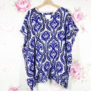 Chico’s Blue White Medallion Damask Boho Print Poncho Swim Coverup L XL